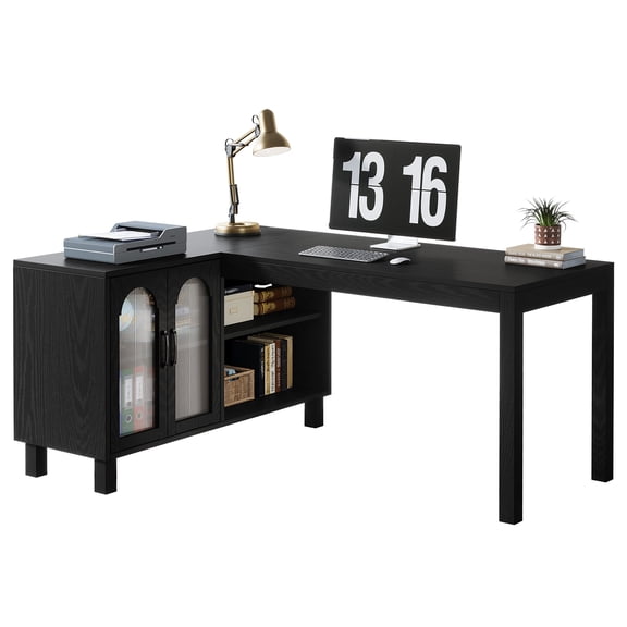 Fnova 59" L-Shaped Corner Desk, Storage Cabinet Corner Computer Desk for Home Office, Gaming Setup Workstation, Study Room & Small Space
