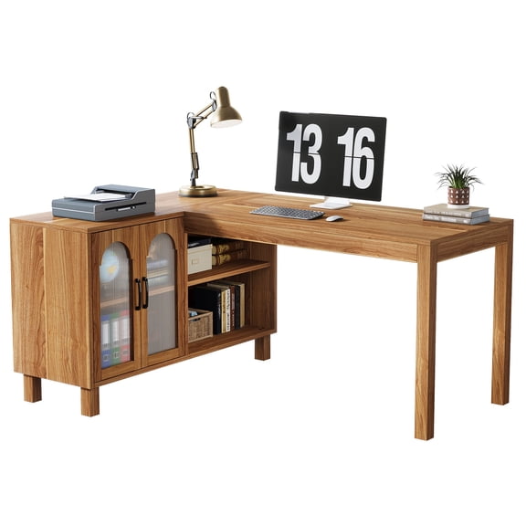 Fnova 59" L-Shaped Corner Desk, Storage Cabinet Corner Computer Desk for Home Office, Gaming Setup Workstation, Study Room & Small Space