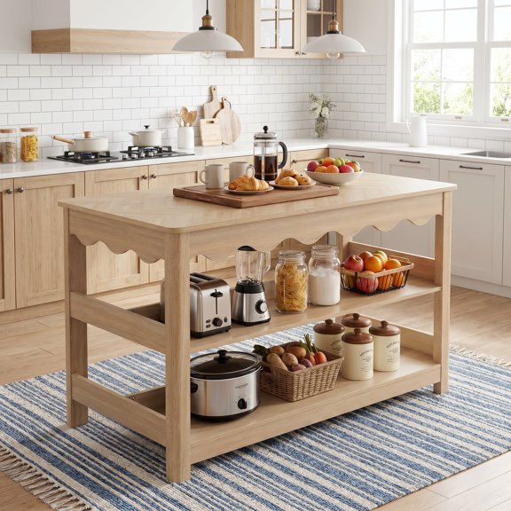Fnova 59" Large Kitchen Island with Seating and Storage, Farmhouse 3-Tier Breakfast Station Island Table with Large Worktop for Dining Room, Light Oak