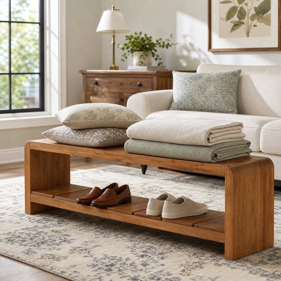 Fnova 59" Solid Wood Entryway Bench with Shoe Storage, Farmhouse Shoe Bench with Open Shelf, Brown