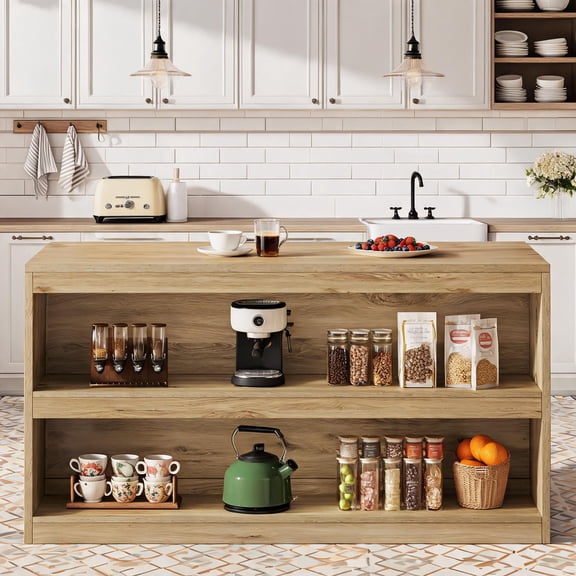 Fnova 59" kitchen Island with Seating Area, 3-Tier Farmhouse Island Table with Storage for Kitchen, Dining Room, Brown
