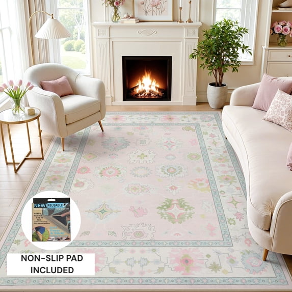 Fnova 5x7/8x10/9x12 Boho Oushak Area Rug, Colorful Washable Non-Slip Indoor Carpet Oriental Floral, Oeko-Tex Certified, Light Pink