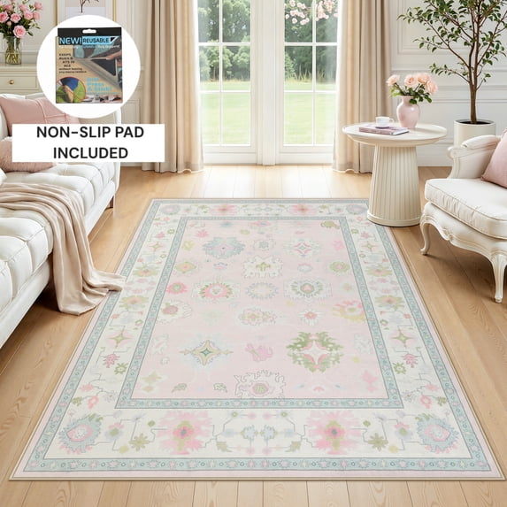 Fnova 5x7/8x10/9x12 Boho Oushak Area Rug, Colorful Washable Non-Slip Indoor Carpet Oriental Floral, Oeko-Tex Certified, Light Pink