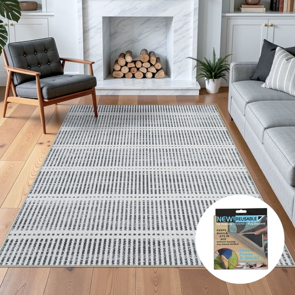 Fnova 5x7 Modern Washable Area Rug, Vintage Minimalist Non-Slip Striped Indoor/Outdoor Carpet, Oeko-Tex Certified, Gray