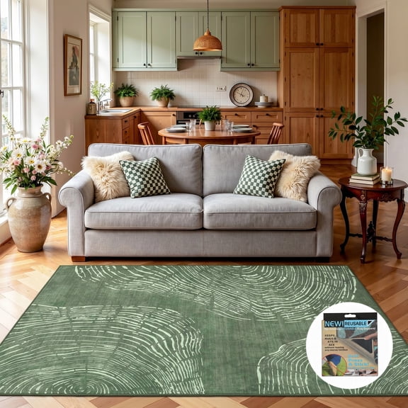 Fnova 5x7 Modern Washable Area Rug with Abstract Tree Ring Pattern, Soft Boho Minimalist Non-Slip Low Pile Carpet, Oeko-Tex Certified, Green