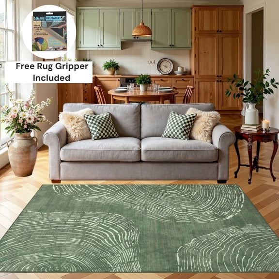 Fnova 5x7 Modern Washable Area Rug with Abstract Tree Ring Pattern, Soft Boho Minimalist Non-Slip Low Pile Carpet, Oeko-Tex Certified, Green