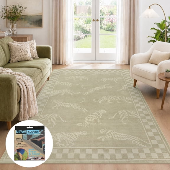 Fnova 5x7 Washable Leaping Cheetah Print Area Rug, Leopard Checkered Non-Slip Low Pile Carpet for Home Office, Kitchen, Oeko-Tex Certified, Beige
