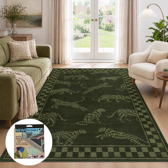 Fnova 5x7 Washable Leaping Cheetah Print Area Rug, Leopard Checkered Non-Slip Low Pile Carpet for Home Office, Kitchen, Oeko-Tex Certified, Green