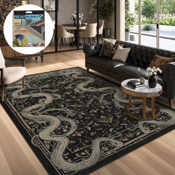 Fnova 5x7 Washable Snake Print Area Rugs, Non Slip Stain Resistant Gothic Indoor Carpet, Oeko-Tex Certified, Black