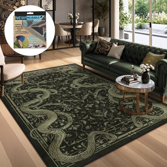 Fnova 5x7 Washable Snake Print Area Rugs, Non Slip Stain Resistant Gothic Indoor Carpet, Oeko-Tex Certified, Green