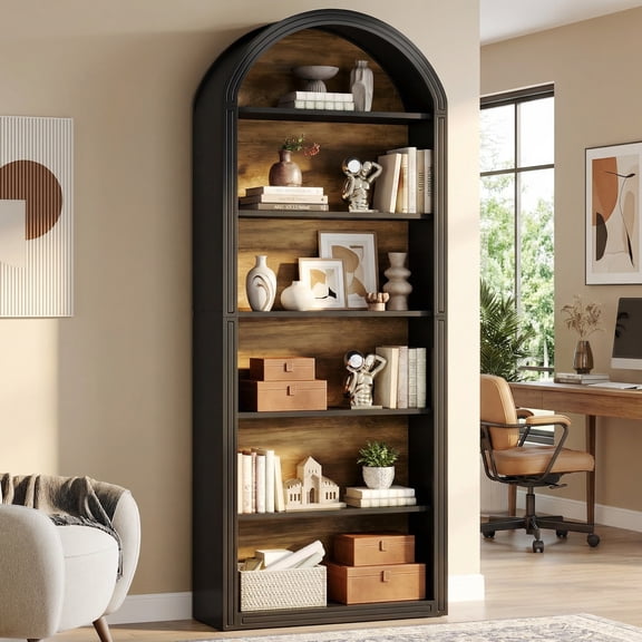 Fnova 6-Tier 77" Tall Arched Bookcase, Wooden Open Bookshelf Display Shelf for Living Room Bedroom Office Library, Black