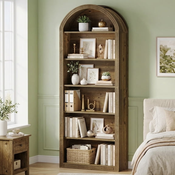 Fnova 6-Tier 77" Tall Arched Bookcase, Wooden Open Bookshelf Display Shelf for Living Room Bedroom Office Library, Brown