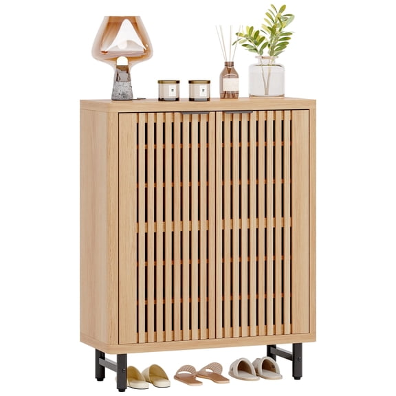 Fnova 6-Tier Farmhouse Cabinet with Adjustable Shelves, Side Cabinet & Shoe Storage, Shutter Doors, Wood & Metal, for Entryway, Hallway, Living Room, Bathroom