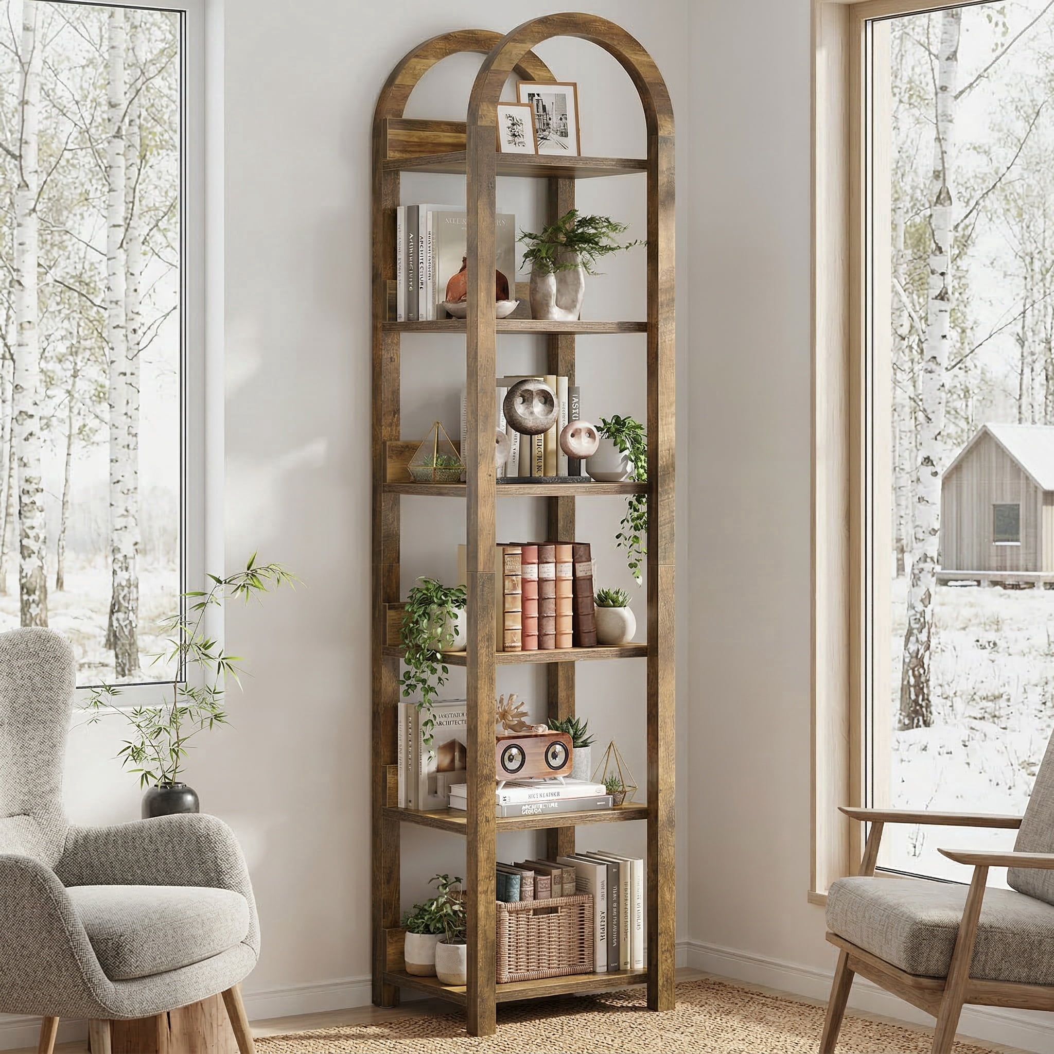 Yowos Corner Shelf, 5 Tier Walnut Bookcase Modern Wavy Wall