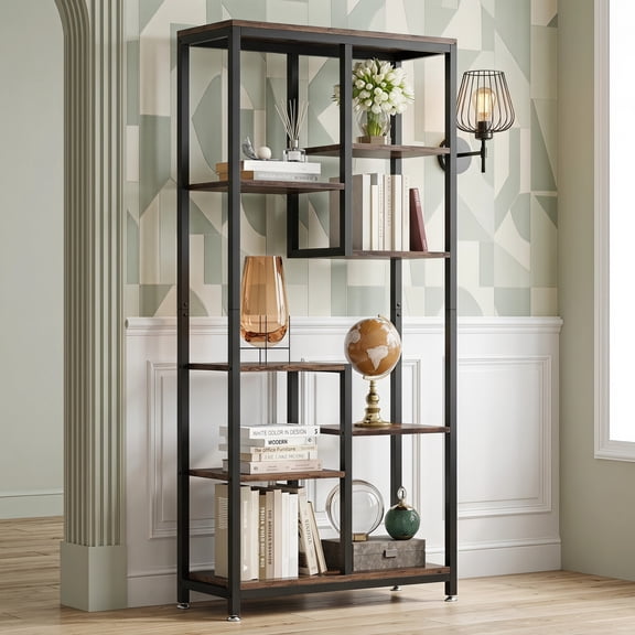 Fnova 6-Tier Tall Storage Shelf Unit, Asymmetrical 8-Shelf Industrial Open Bookcase Display for Living Room Bedroom Home Office