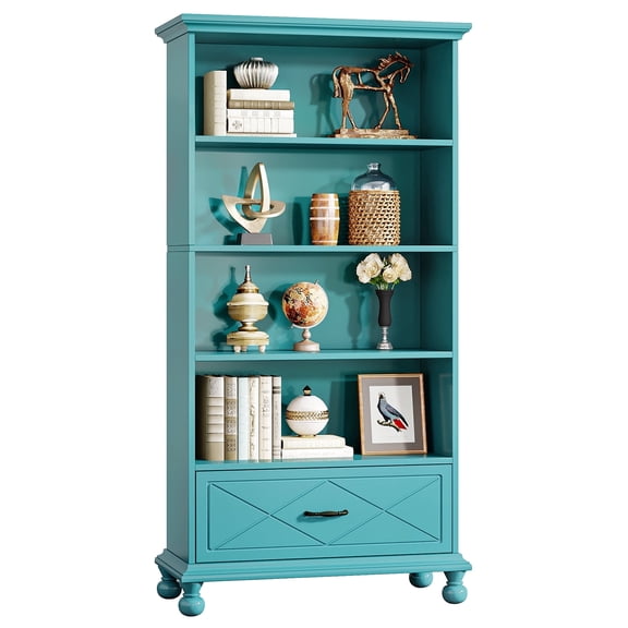Fnova 6-Tier Tall Storage Shelf Unit, with Drawer Farmhouse Bookcase Display for Living Room Bedroom Home Office Study