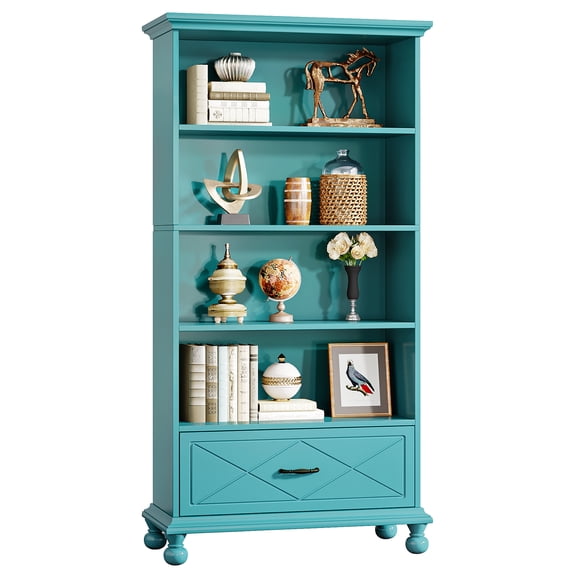 Fnova 6-Tier Tall Storage Shelf Unit, with Drawer Farmhouse Bookcase Display for Living Room Bedroom Home Office Study