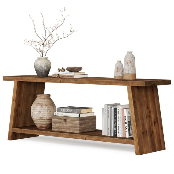 Fnova 62.99" Solid Wood TV Stand, Farmhouse Rustic Entertainment Center with Open Storage Shelf, Modern Console Table, Living Room Home Decor Furniture