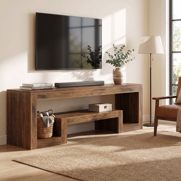 Fnova 62.99" TV Stand with Open Storage Shelves, Rustic Brown Entertainment Center with Thick MDF Board, Modern Farmhouse Media Console Table, Living Room Storage Organizer Furniture