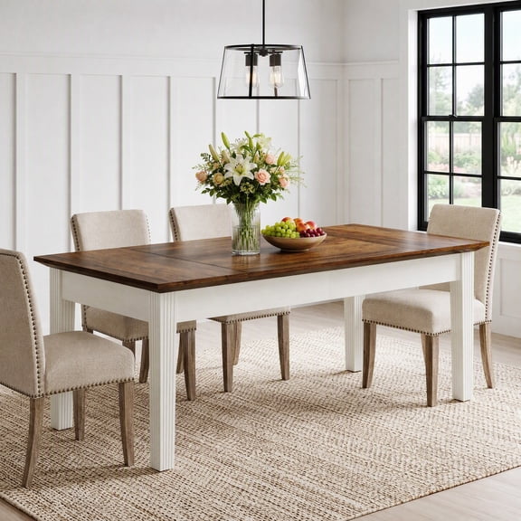 Fnova 62" Dining Table for 4-6 People, Rectangular Kitchen Table with Solid Wood Legs, Modern Farmhouse Dinner Table for Dining Room Kitchen Living Room, Rustic Brown & Cream White