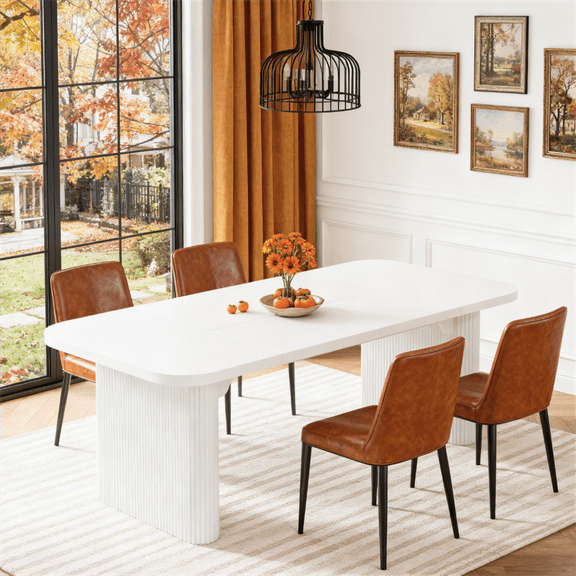 Fnova 62" Dining Table For 4-6, Rectangular Wood Dinner Table With Double Pedestal, Farmhouse Kitchen Table For Dining Room, Living Room, Easy Assembly