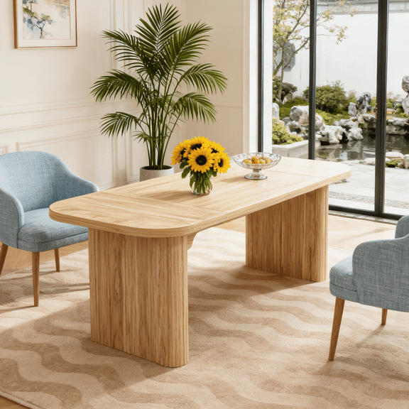 Fnova 62" Dining Table For 4-6, Rectangular Wood Dinner Table With Double Pedestal, Farmhouse Kitchen Table For Dining Room, Living Room, Easy Assembly