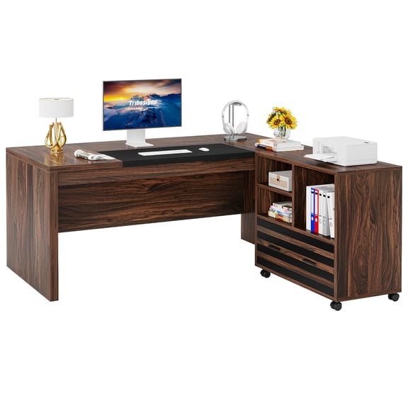 Fnova 62" Large L-Shaped Executive Desk with Mobile File Cabinet, Modern Office Desk with Storage Shelves, Computer Desk for Home Office & Business Use