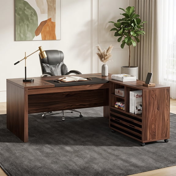 Fnova 62" Large L-Shaped Executive Desk with Mobile File Cabinet, Modern Office Desk with Storage Shelves, Computer Desk for Home Office & Business Use