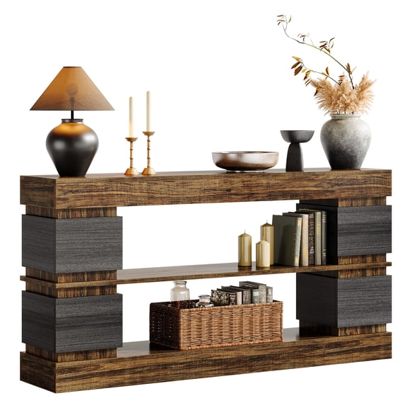 Fnova 63" 3-Tier Open Storage Console Table, Two-Tone Engineered Wood Sofa Table with 4 Side Compartments for Entryway Hallway Living Room Foyer Decor