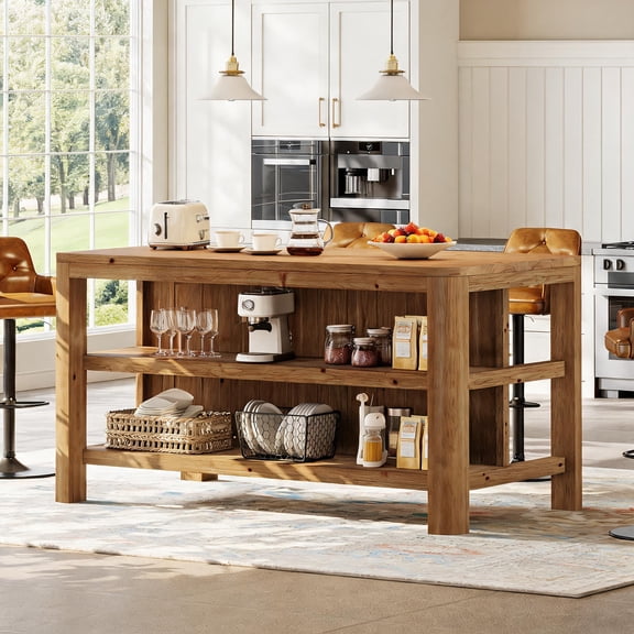 Fnova 63" 3-Tier Solid Wood Kitchen Island with Storage Shelves, Farmhouse Wooden Stationary Island Table with Large Worktop, Easy to Assemble, Brown