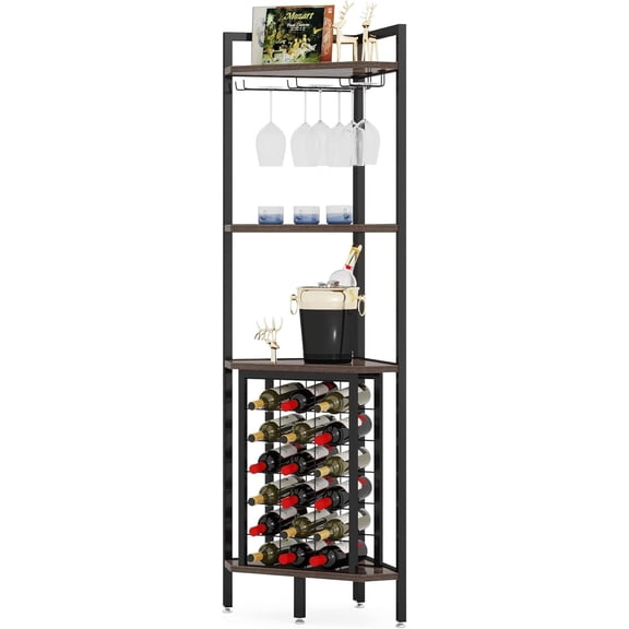 Fnova 63.38" Corner Wine Rack, 18 Bottle Capacity Freestanding Wine Rack with 6 Glass Holder, 3-Tier Storage Shelf for Kitchen Living Room Bar
