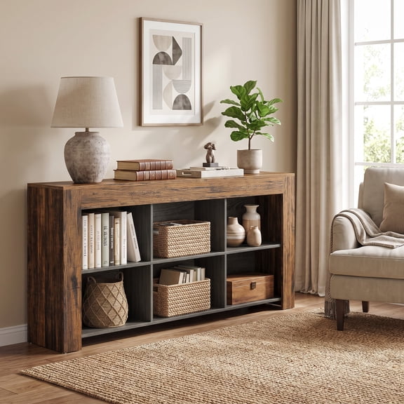 Fnova 63" 6-Cube Open Cubby Console Table, Engineered Wood Multipurpose Sofa Table for Entryway Hallway Living Room TV Decor