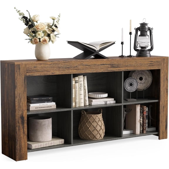 Fnova 63" 6-Cube Open Cubby Console Table, Engineered Wood Multipurpose Sofa Table for Entryway Hallway Living Room TV Decor