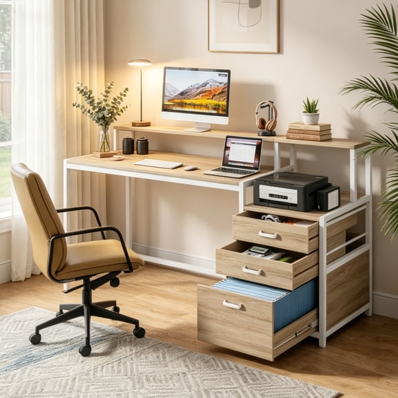 Fnova 63'' Computer Desk, Home Office Desk with File Drawer & Monitor Stand, Industrial Workstation Desk, Dual-Tier Desktop with Adjustable Drawer & Storage, for Home Office, Study & Workspace