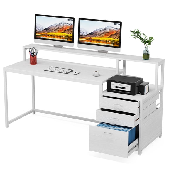 Fnova 63'' Computer Desk, Home Office Desk with File Drawer & Monitor Stand, Industrial Workstation Desk, Dual-Tier Desktop with Adjustable Drawer & Storage, for Home Office, Study & Workspace