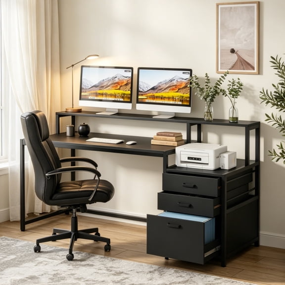 Fnova 63'' Computer Desk, Home Office Desk with File Drawer & Monitor Stand, Industrial Workstation Desk, Dual-Tier Desktop with Adjustable Drawer & Storage, for Home Office, Study & Workspace