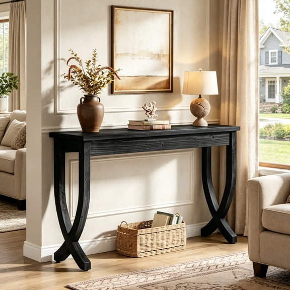 Fnova 63" Console Table, Long Farmhouse Entryway Table, Solid Wood Sofa Table with X-Shaped Legs for Living Room, Entrance, Foyer