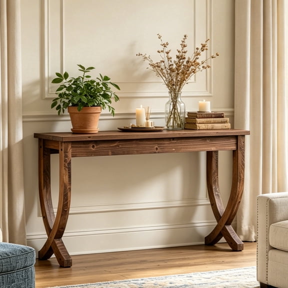 Fnova 63" Console Table, Long Farmhouse Entryway Table, Solid Wood Sofa Table with X-Shaped Legs for Living Room, Entrance, Foyer