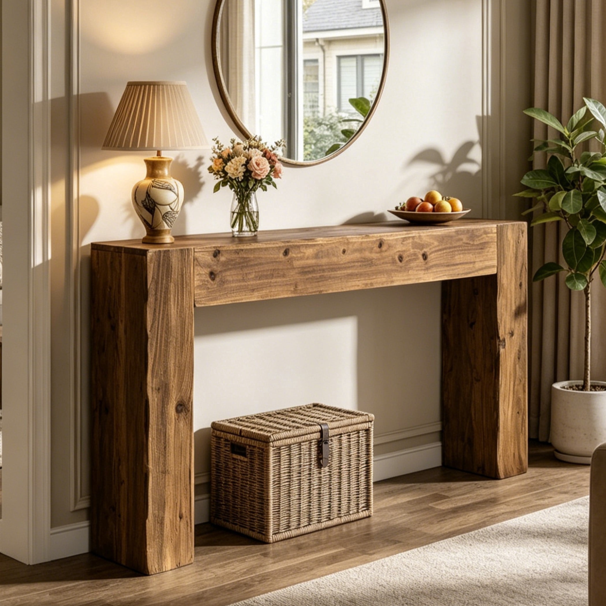 Fnova 63" Console Table, Wood Farmhouse Entryway Table, Long Narrow Accent Table for Living Room, Entrance, Hallway, Foyer, Brown