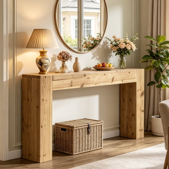 Fnova 63" Console Table, Wood Farmhouse Entryway Table, Long Narrow Accent Table for Living Room, Entrance, Hallway, Foyer, Light Brown