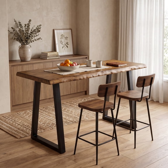 Fnova 63" CounterHeight Bar Table, Solid Pine Wood Tabletop, TrapezoidalShaped Metal Legs, Industrial High Dining Table for Kitchen, HomeBar, LivingRoom & Recreation Areas