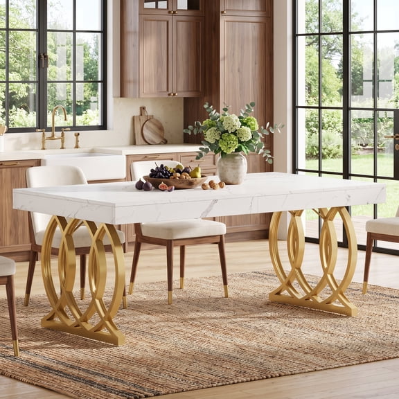 Fnova 63 Dining Table for 4-6 Person, Rectangle Kitchen Table with Faux Marble Tabletop and Geometric Legs for Dining Room, Kitchen, White+Gold