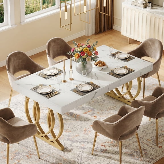 Fnova 63 Dining Table for 4-6 Person, Rectangle Kitchen Table with Faux Marble Tabletop and Geometric Legs for Dining Room, Kitchen, White+Gold