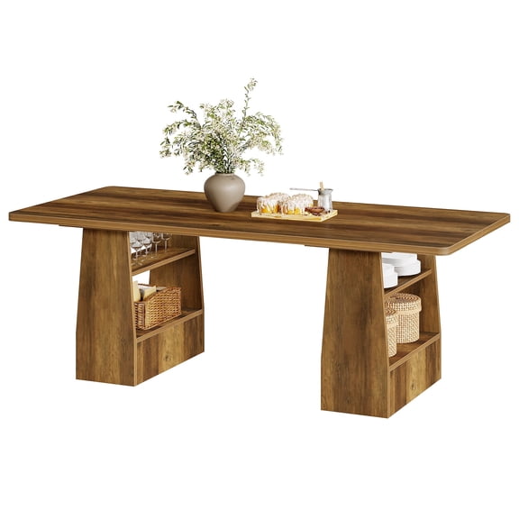 Fnova 63" Dining Table with Storage, 4 Shelves Trapezoid Base Storage Dining Table for Home Office, Dining Room, Conference Table & Small Meetings