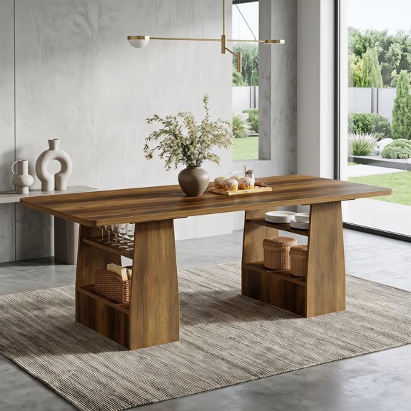 Fnova 63" Dining Table with Storage, 4 Shelves Trapezoid Base Storage Dining Table for Home Office, Dining Room, Conference Table & Small Meetings