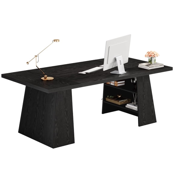 Fnova 63'' Executive Desk, Home Office Computer Desk with Double Pedestal & Storage Shelves, Large Writing & Conference Table, for Home Office & Small Business