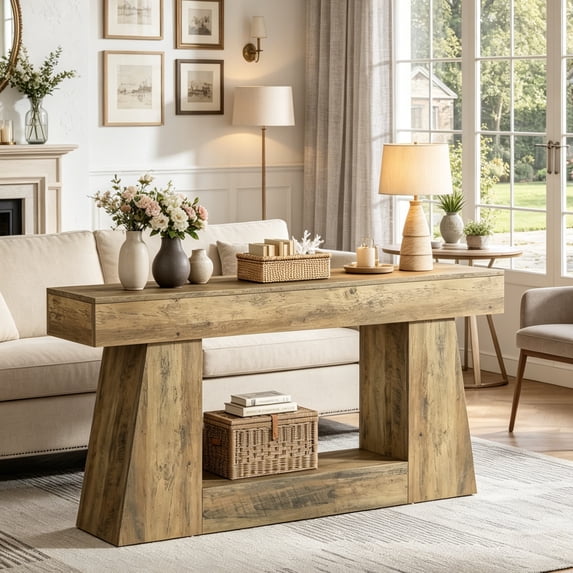 Fnova 63" Farmhouse Console Table, 2-Tier Rustic Entryway Table with Storage, Narrow Long Sofa Table for Living Room, Hallway, Foyer