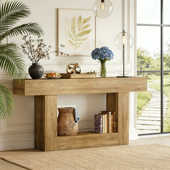Fnova 63" Farmhouse Console Table, 2-Tier Wood Entryway/Sofa Table with Storage Shelf for Living Room, Hallway, Behind Couch