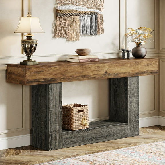Fnova 63" Farmhouse Console Table, 2-Tier Wood Entryway/Sofa Table with Storage Shelf for Living Room, Hallway, Behind Couch
