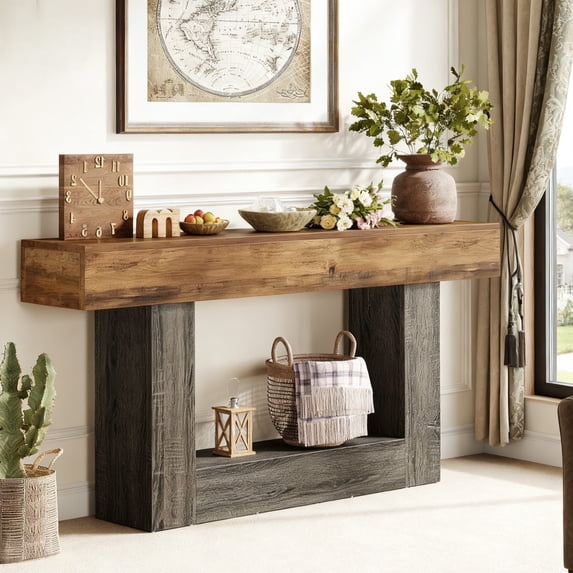 Fnova 63" Farmhouse Console Table, 2-Tier Wood Entryway/Sofa Table with Storage Shelf for Living Room, Hallway, Behind Couch